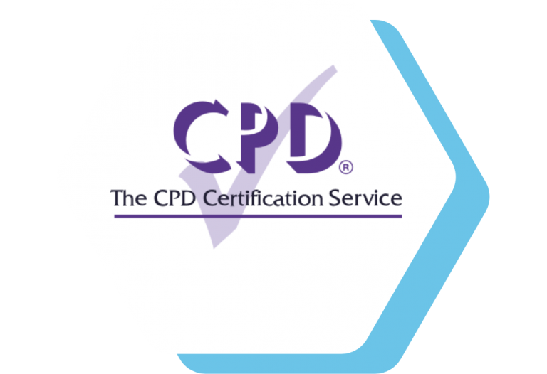 CPD certification service logo within white hexagon overlayed on blue hexagon in background