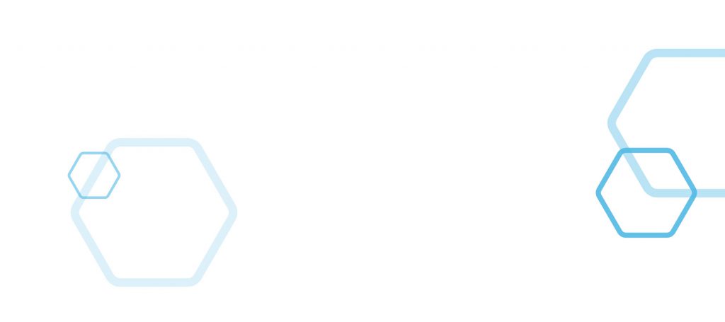 White background image with 4 blue different sized hexagons