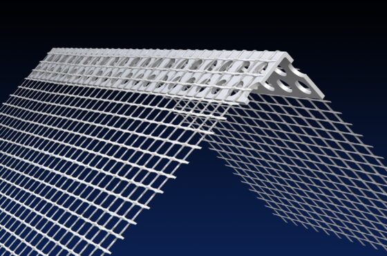 Close up rendered product image of EWI 150x100mm angle bead mesh, on black and navy gradient background