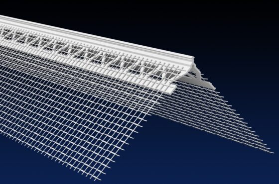 Close up rendered product image of EWI 6mm angle bead with 100mm mesh, on black and navy gradient background