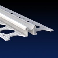 Close up rendered product image of 10mm white PVCu render expansion joint bead on black and navy gradient background