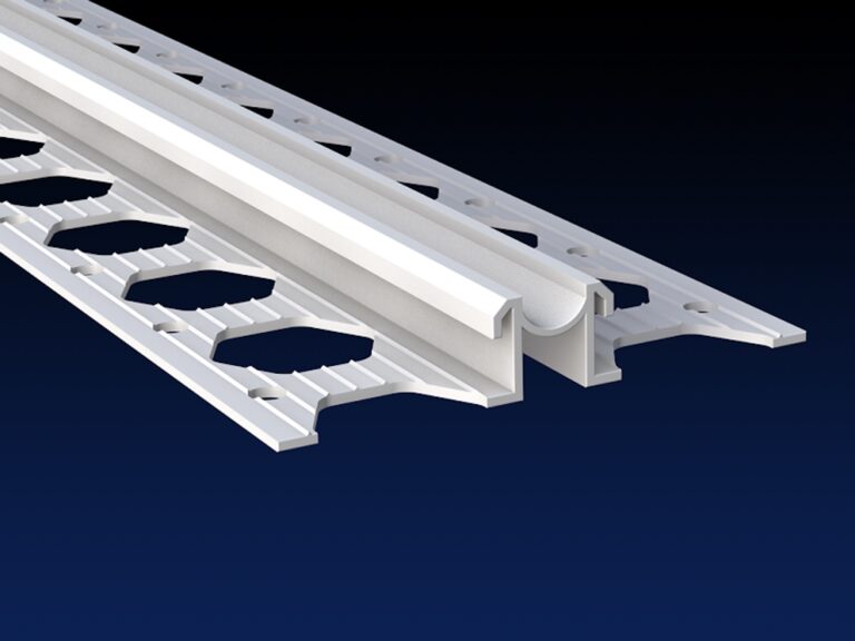Close up rendered product image of 10mm white PVCu render expansion joint bead on black and navy gradient background