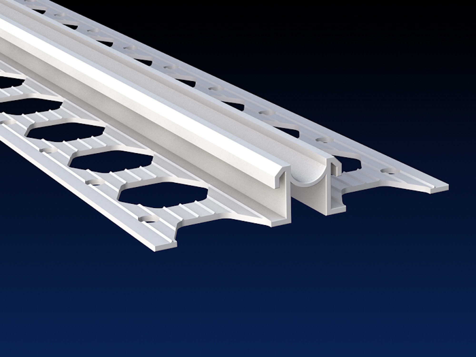 Close up rendered product image of 10mm white PVCu render expansion joint bead on black and navy gradient background